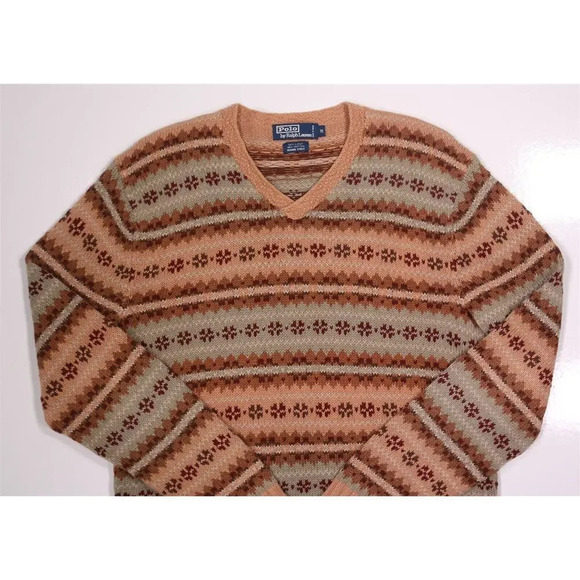 Polo Ralph Lauren Hand Knit Linen-Cotton Brown Striped Aztec V-Neck Sweater~ M - Picture 2 of 5